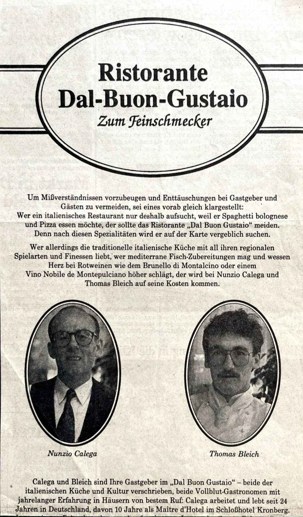 Article featuring a Nunzio Calega restaurant