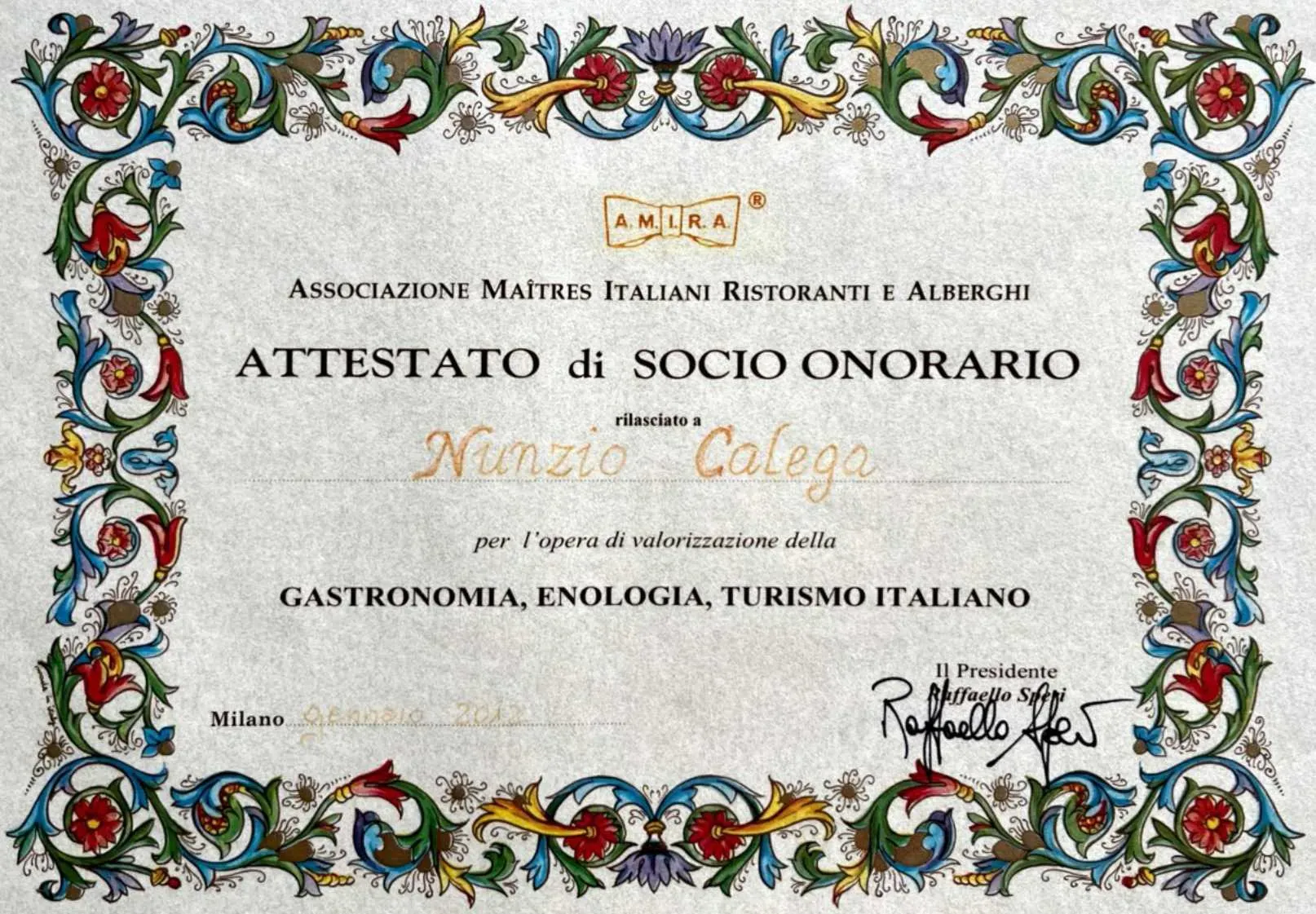 Recognition as Honorary Member of AMIRA for Nunzio Calega