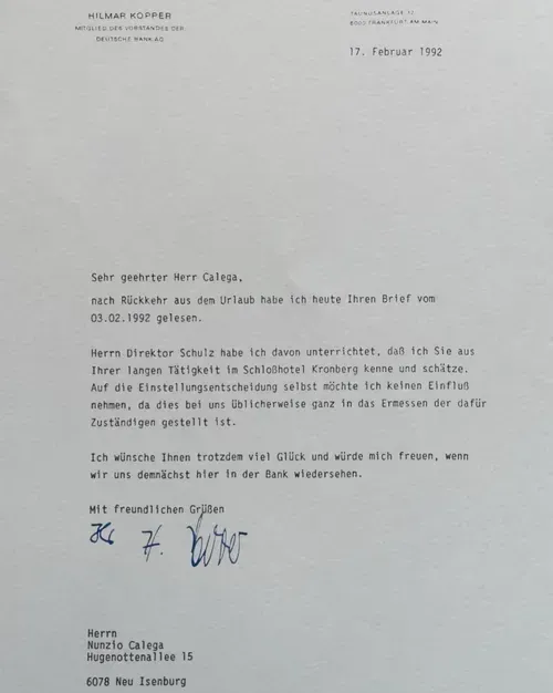 Reference letter from Hilmar Kopper