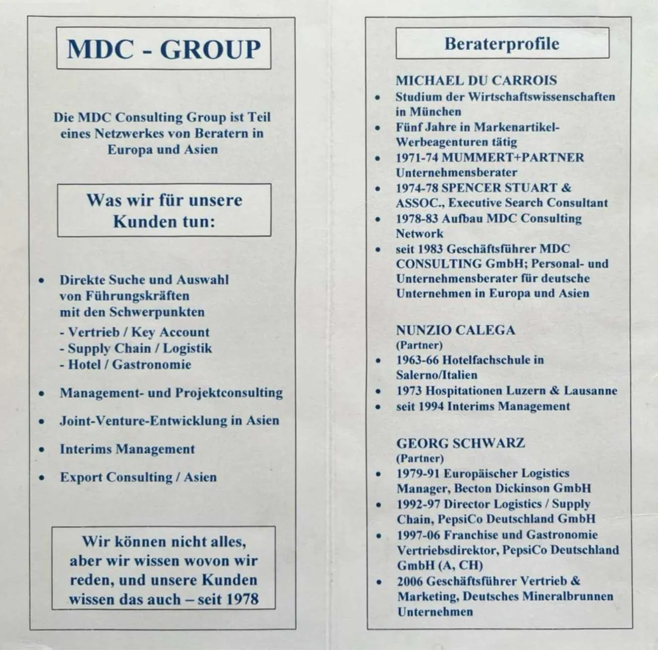 MDC Group flyer, company where Nunzio Calega was a founding member